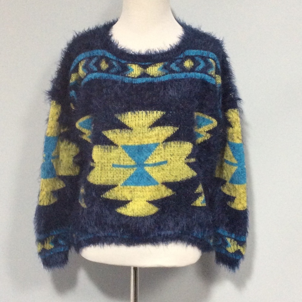 Verty Eyelash Fuzzy Aztec Print Sweater